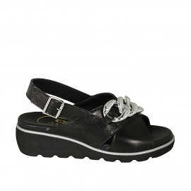 Woman's sandal with chain in black leather wedge heel 4 - Available sizes:  42