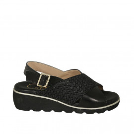 Woman's sandal in black leather and braided leather wedge heel 4 - Available sizes:  42
