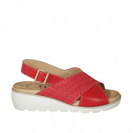 Woman's sandal in red leather and braided leather wedge heel 4 - Available sizes:  42, 43