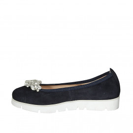 Woman's ballerina shoe in blue suede with removable rhinestone clip-on wedge heel 3 - Available sizes:  32 2