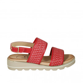Woman's sandal in red leather and braided leather wedge heel 3 - Available sizes:  32, 42, 43, 46
