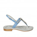 Woman's thong sandal in blue leather with rhinestones heel 2 - Available sizes:  42, 45
