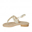 Woman's thong sandal with rhinestones in platinum laminated leather heel 2 - Available sizes:  42, 45