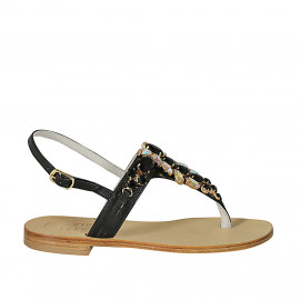 Sandalo infradito in pelle nera con strass tacco 2 - Misure disponibili: 42