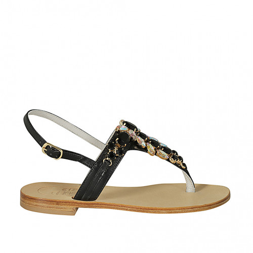 Thong sandal in black leather with rhinestones heel 2 - Available sizes:  42