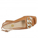 Woman's sandal with chain and fringes in cognac brown leather heel 4 - Available sizes:  42