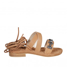 Sandale spartiates à lacets avec goujons pour femmes en cuir cognac talon 2 - Pointures disponibles:  33, 34, 42, 43