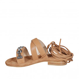 Sandalia en estilo gladiador con cordones y tachuelas para mujer en piel cognac tacon 2 - Tallas disponibles:  33, 34, 42, 43 2