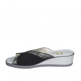 Mule pour femmes avec elastique en daim noir et lamé imprimé argent talon compensé 4 - Pointures disponibles:  43 2