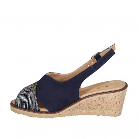 Woman's sandal in multicolored printed and blue suede wedge heel 6 - Available sizes:  42, 44 2