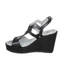 Woman's platform sandal in black leather and laminated fabric wedge heel 9 - Available sizes:  43, 45
