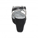 Woman's platform sandal in black leather and laminated fabric wedge heel 9 - Available sizes:  43, 45