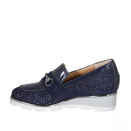 Woman's moccasin shoe with accessory and removable insole  in blue pierced suede and patent leather wedge heel 4 - Available sizes:  31 2