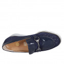 Woman's moccasin shoe with accessory and removable insole  in blue pierced suede and patent leather wedge heel 4 - Available sizes:  31