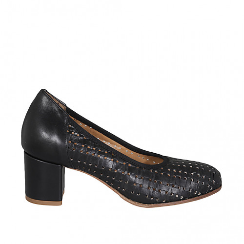 Zapato para mujer en piel forada y trensada negra con plantilla extraible tacon 6 - Tallas disponibles:  44
