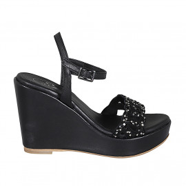 Woman's sandal in black leather with strap, rhinestones, platform and wedge heel 10 - Available sizes:  42, 44