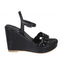 Woman's sandal in black leather with strap, rhinestones, platform and wedge heel 10 - Available sizes:  42, 44
