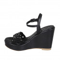 Woman's sandal in black leather with strap, rhinestones, platform and wedge heel 10 - Available sizes:  42, 44