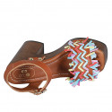 Woman's strap sandal with platform, fringes and studs in cognac brown leather and multicolored raffia heel 12 - Available sizes:  42