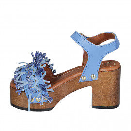 Woman's strap sandal with platform, fringes and studs in light blue leather and raffia heel 8 - Available sizes:  43 2