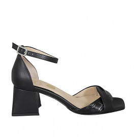 Woman's open shoe with strap in black leather and printed leather heel 6 - Available sizes:  43, 45
