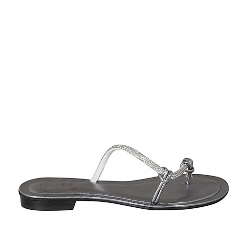 Woman's thong mules with rhinestones in steel grey laminated leather heel 2 - Available sizes:  42