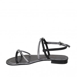 Woman's sandal with rhinestones in black and steel grey laminated leather heel 2 - Available sizes:  42 2