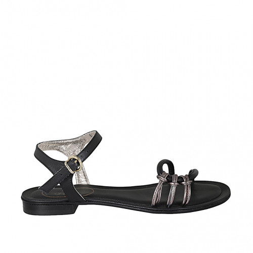 Woman's strap sandal in black leather and steel grey laminated leather heel 2 - Available sizes:  33, 42, 44, 45