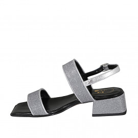 Woman's sandal in silver glittered fabric and laminated leather heel 4 - Available sizes:  32, 45 2