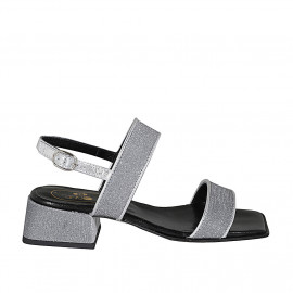 Woman's sandal in silver glittered fabric and laminated leather heel 4 - Available sizes:  32, 45