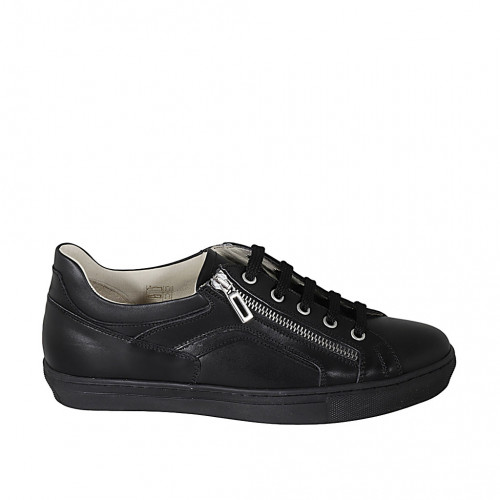 Chaussure sportif à lacets avec fermeture éclair et semelle amovible pour hommes en cuir noir - Pointures disponibles:  38, 46, 47, 52