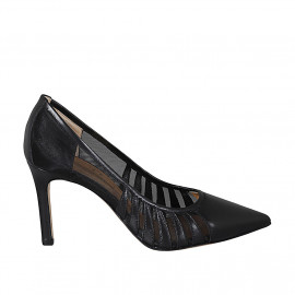 Escarpin à bout pointu pour femmes en cuir noir et tissu talon 8 - Pointures disponibles:  31