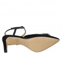 Chaussure ouverte au talon à bout pointu pour femmes avec courroie et strass en satin noir talon 8 - Pointures disponibles:  46