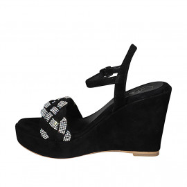 Woman's sandal in black suede with strap, rhinestones, platform and wedge heel 10 - Available sizes:  43, 44 2