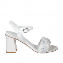 Woman's sandal with strap, rhinestones and glitter in white leather heel 7 - Available sizes:  42, 44, 45, 46