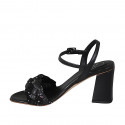 Woman's sandal with strap, rhinestones and glitter in black leather heel 7 - Available sizes:  42, 44, 46