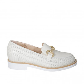 Mocassino da donna con accessorio ed elastici in pelle e pelle forata bianco panna tacco 3 - Misure disponibili: 45