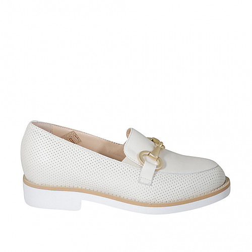 Mocassino da donna con accessorio ed elastici in pelle e pelle forata bianco panna tacco 3 - Misure disponibili: 45