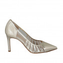 Woman's pointy pump in platinum laminated leather and fabric heel 8 - Available sizes:  31, 32, 42, 43, 46