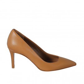 Escarpin à bout pointu pour femmes en cuir cognac talon 8 - Pointures disponibles:  32, 34, 42