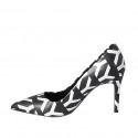 Woman's pointy pump in black and white leather heel 8 - Available sizes:  32, 42