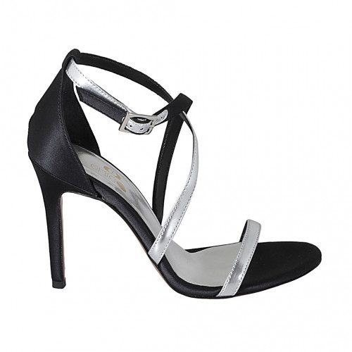 Woman's open shoe with crossed strap in black satin and silver leather heel 9 - Available sizes:  34, 42, 46