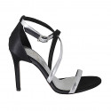 Woman's open shoe with crossed strap in black satin and silver leather heel 9 - Available sizes:  34, 42, 46