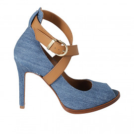 Zapato abierto para mujer en tejido azul denim y piel cognac con cinturon cruzado tacon 10 - Tallas disponibles:  34, 42, 43