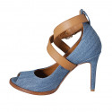 Woman's open shoe in blue denim fabric and cognac brown leather with crossed strap heel 10 - Available sizes:  34, 42, 43