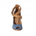 Zapato abierto para mujer en tejido azul denim y piel cognac con cinturon cruzado tacon 10 - Tallas disponibles:  34, 42, 43