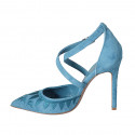 Woman's pointy open shoe with crossed strap in turquoise embroidered suede heel 10 - Available sizes:  32, 33, 34, 42, 43, 44, 46