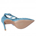 Woman's pointy open shoe with crossed strap in turquoise embroidered suede heel 10 - Available sizes:  32, 33, 34, 42, 43, 44, 46