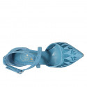 Woman's pointy open shoe with crossed strap in turquoise embroidered suede heel 10 - Available sizes:  32, 33, 34, 42, 43, 44, 46
