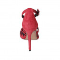 Chaussure ouverte à bout pointu pour femmes avec courroie croisée en daim brodé rouge et noir talon 10 - Pointures disponibles:  32, 33, 34, 42, 43